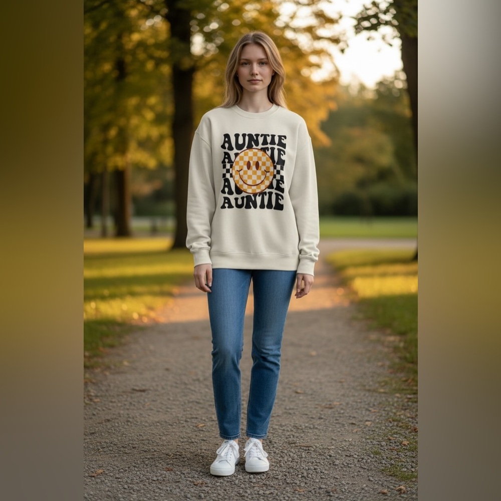Stafaz Women's Cream HAPPY FACE AUNTIE Sweatshirt Women’s Size Medium